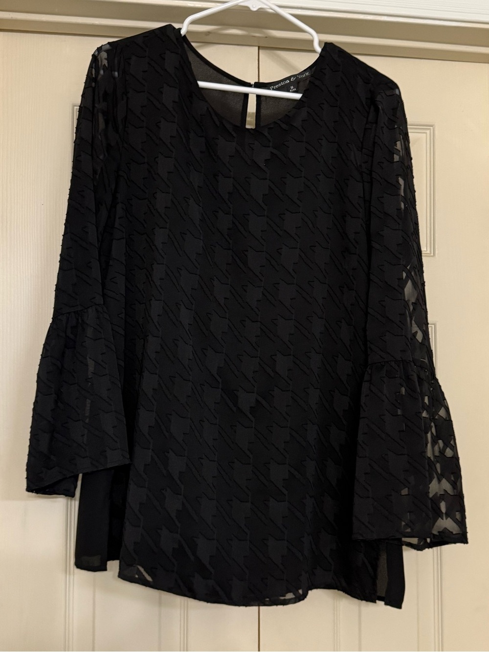 Women's Black Textured Bell-Sleeve Blouse